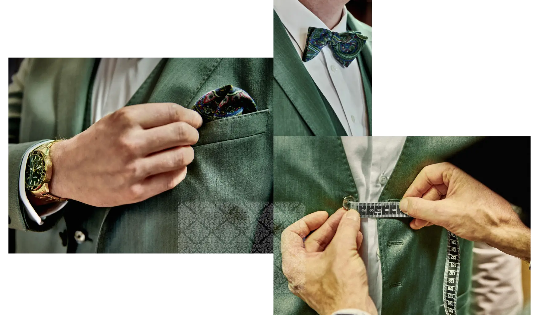 Szenencollage eines grünen Hochzeitsanzuges. Eine Hand beim Zurechtzupfen des Einstecktuches, die dazu passende Fliege, Hände mit Maßband beim Abmessen der notwendigen Zugabe bis zum passenden Sakko