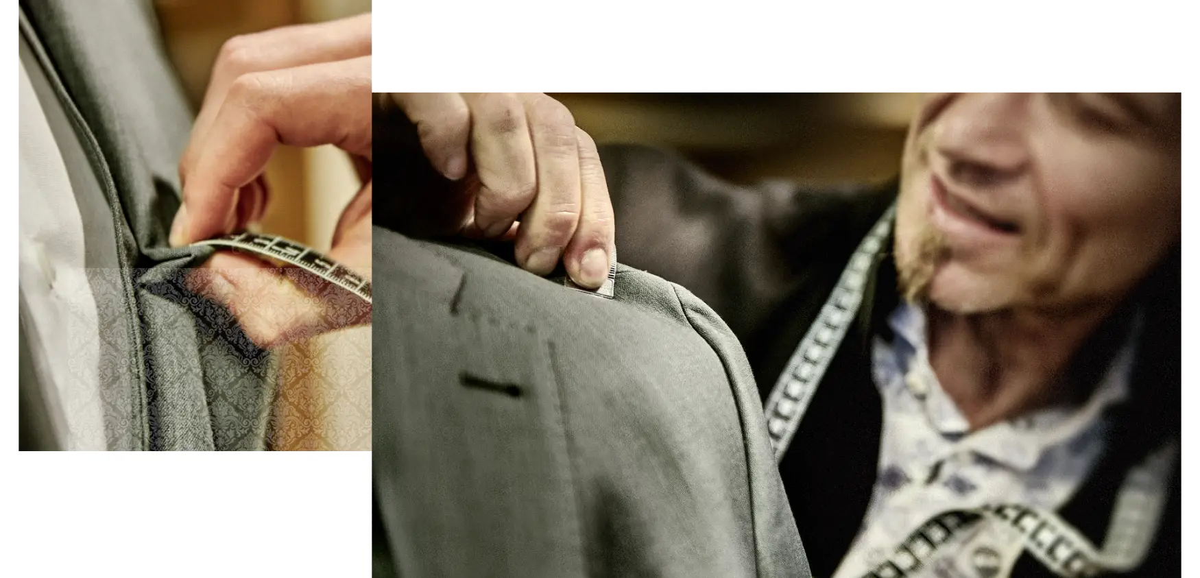 Bildkombination aus einem Bild links, eine Hand mit Maßband misst ein Stück zusammengepressten Stoff an einem grünen Sakko, rechts misst ein Mann mit kleinem Ziegenbärtchen mit dem Maßband um den Hals ein Stück überflüssigen Stoff an der linken Schulter des Kunden in einem grünen Sakko ab