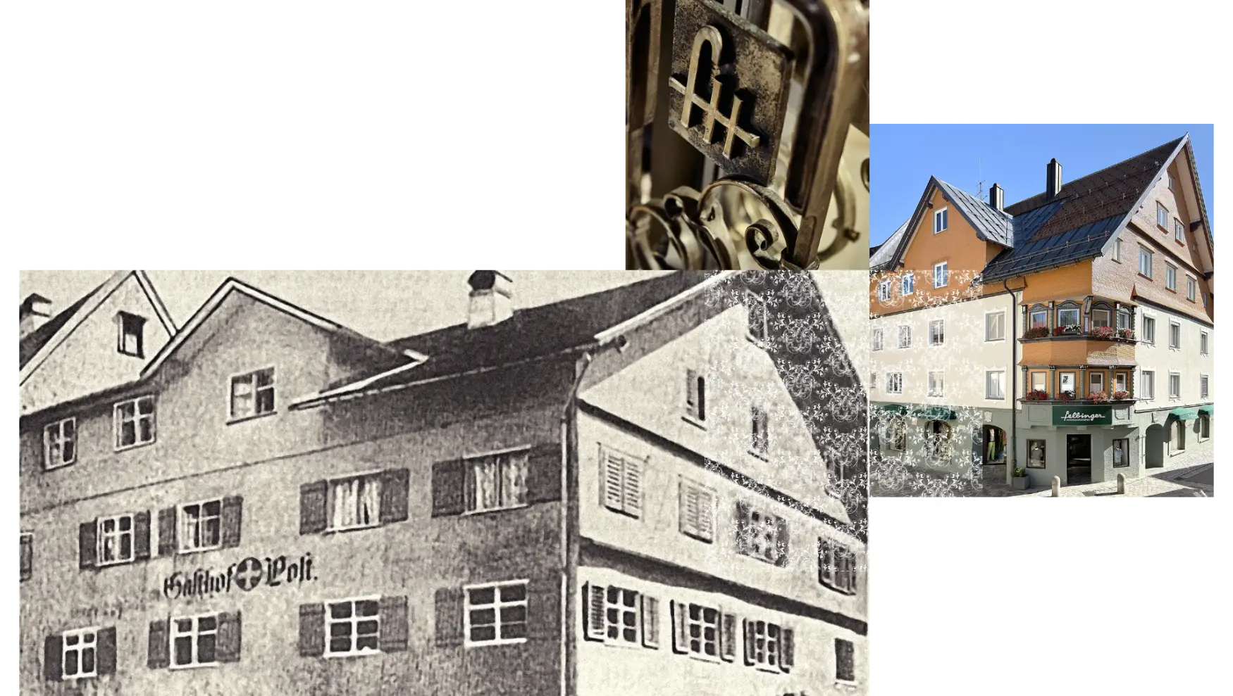 Bildcollage aus historischen Fotos des Geschäftsgebäudes und aktuellen mit dem massiven Messingtürgriff mit den Kürzeln fH